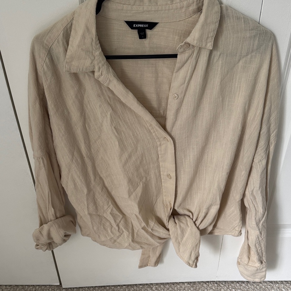 Express Beige Tie-Front Button-Up Shirt